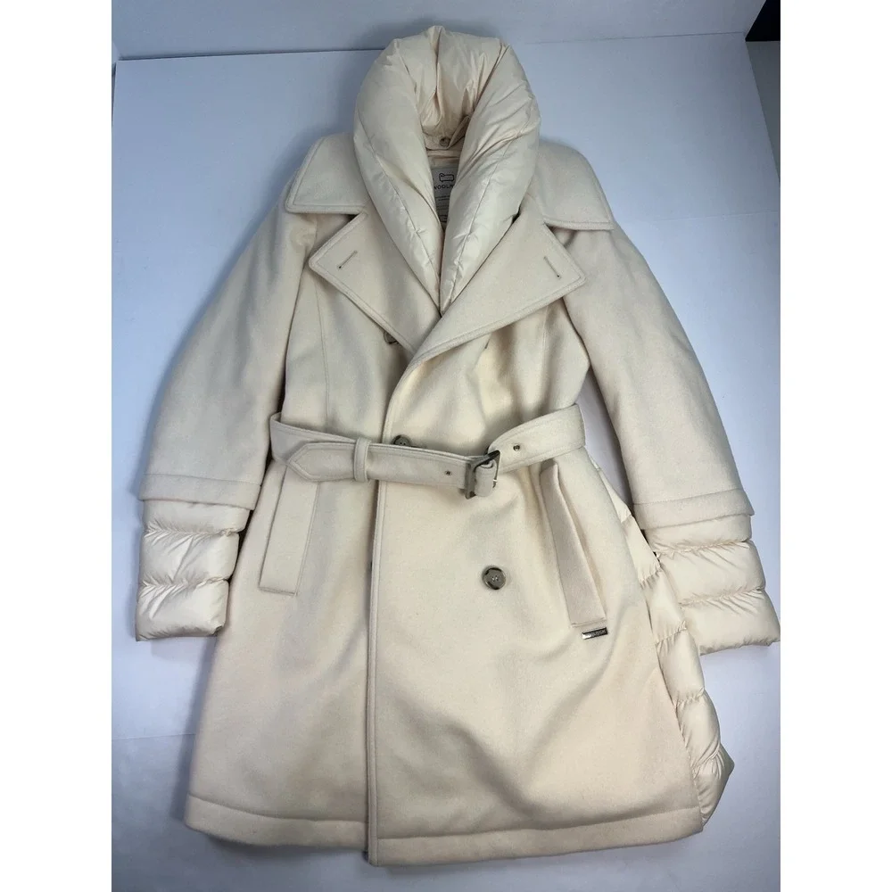 WOOLRICH Kuna Down Coat Jacket Size Small Double Breasted Removable Collar Beige